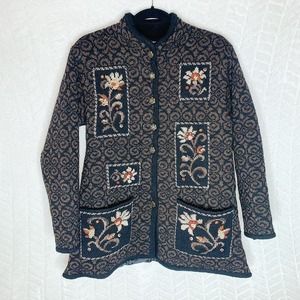 Icelandic Design Sweater jacket Wool Button up Embroidered Brown Black - S